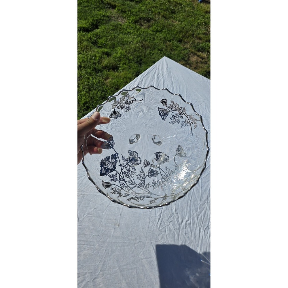 Vtg. Silver OverlayGlass Bowl, 4 footed